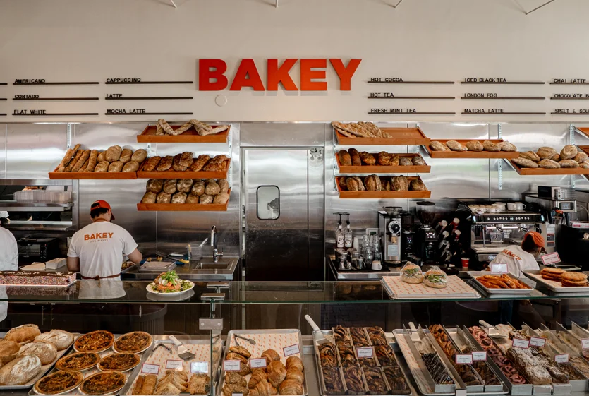Exterior view of Bakey bakery with modern signage