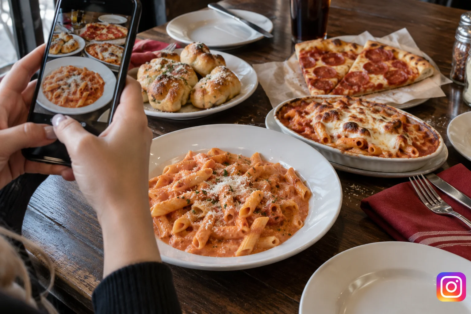 Pasta, garlic knots and pepperoni slices photographed for Instagram