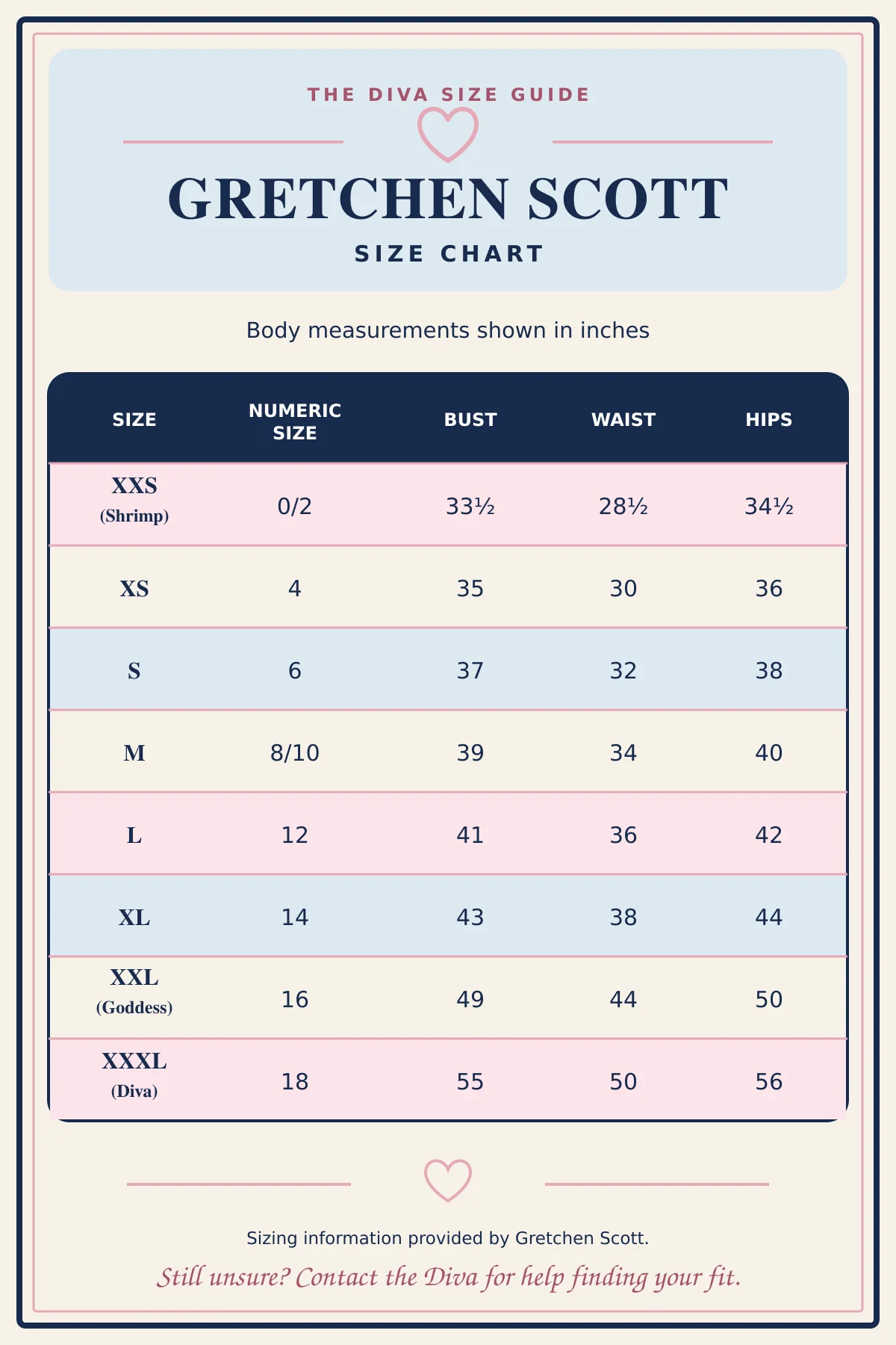 Gretchen Scott size chart for women's clothing measurements
