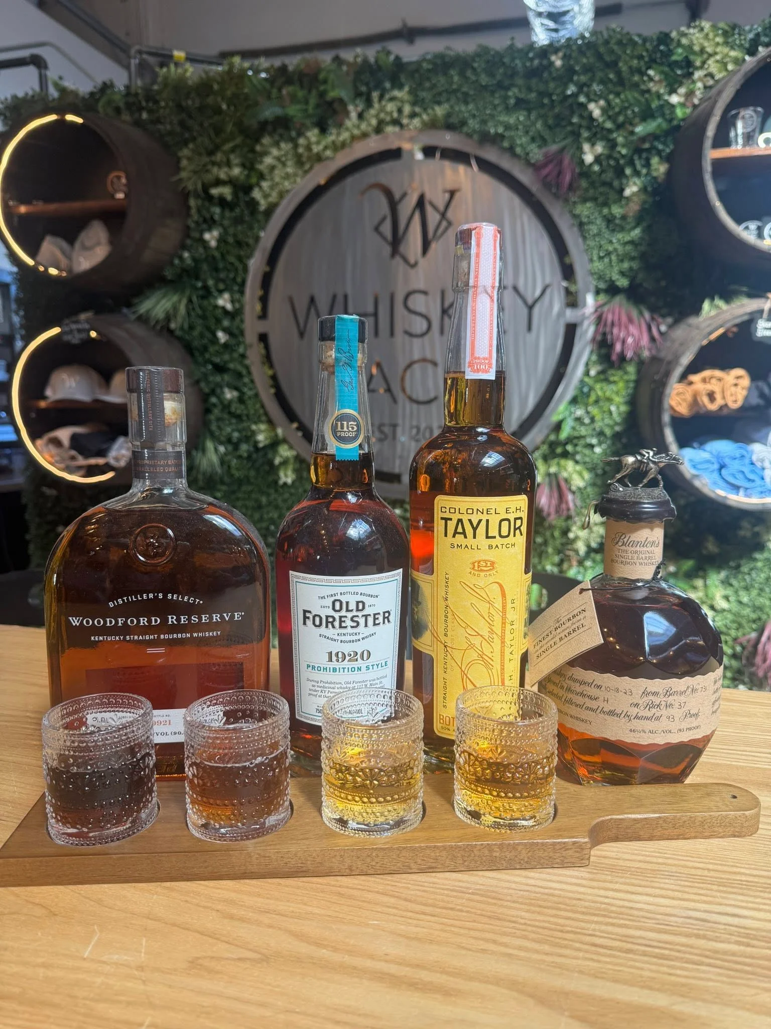 Selection of premium bourbons at a whiskey tasting event