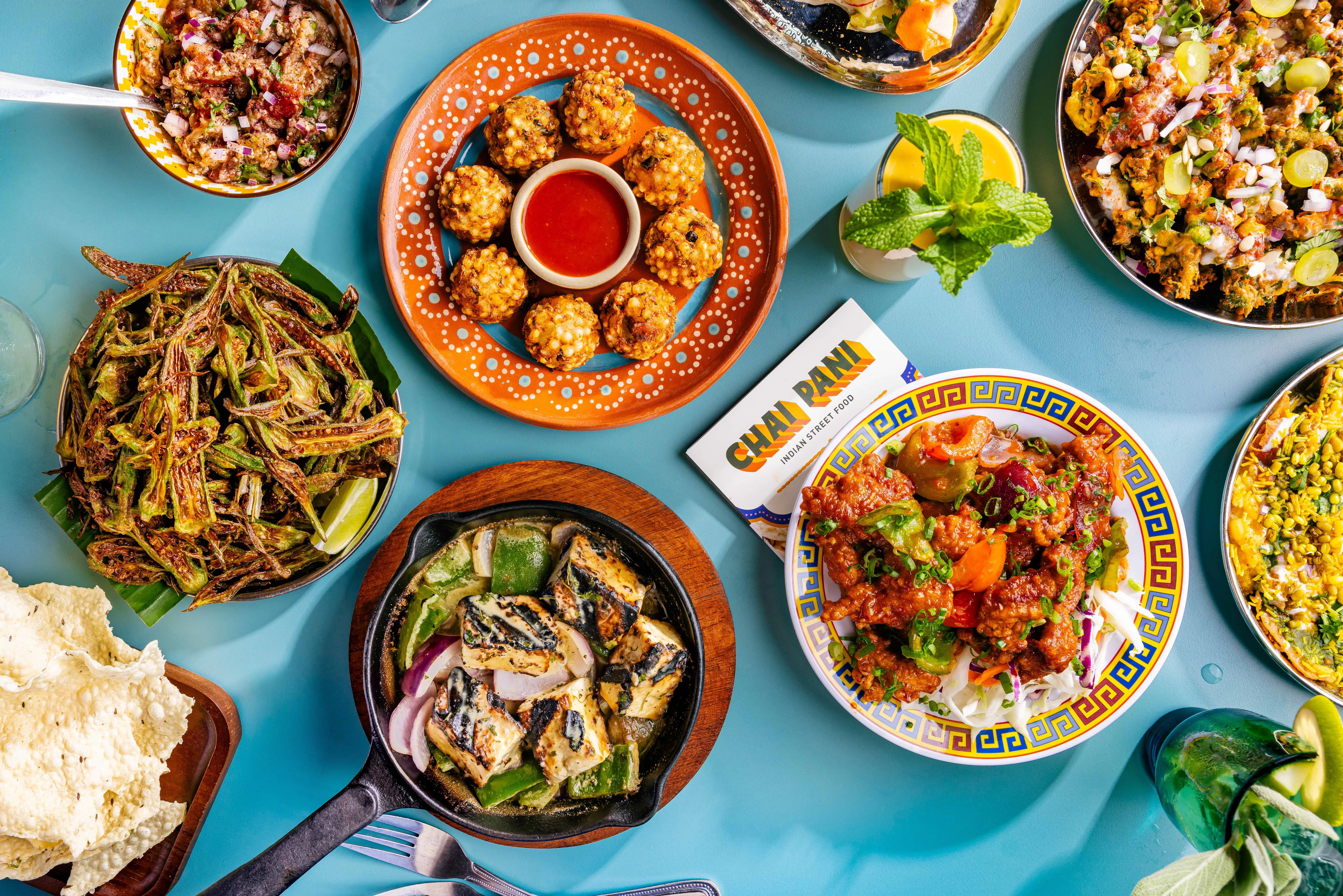Assorted Indian street food platter with vibrant dishes