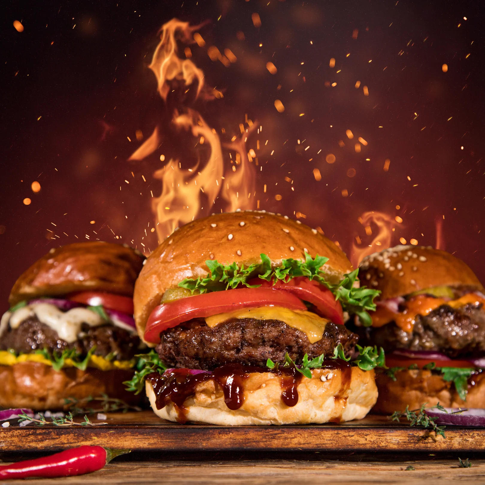 Grilled gourmet burgers with fresh toppings