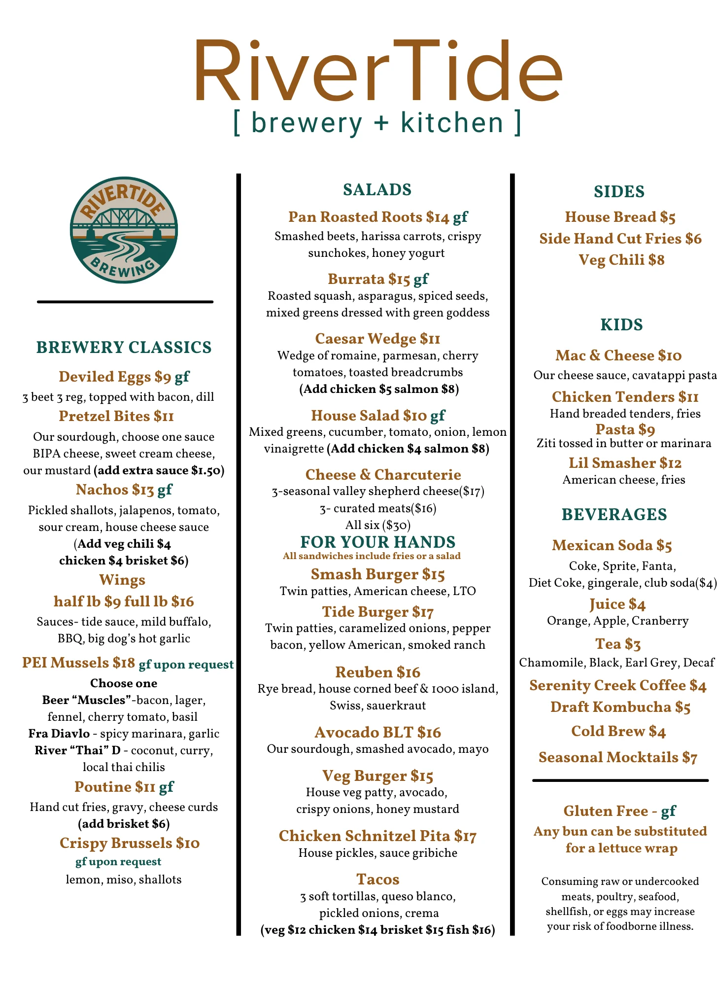 Menu from RiverTide Brewery featuring diverse dishes and beverages