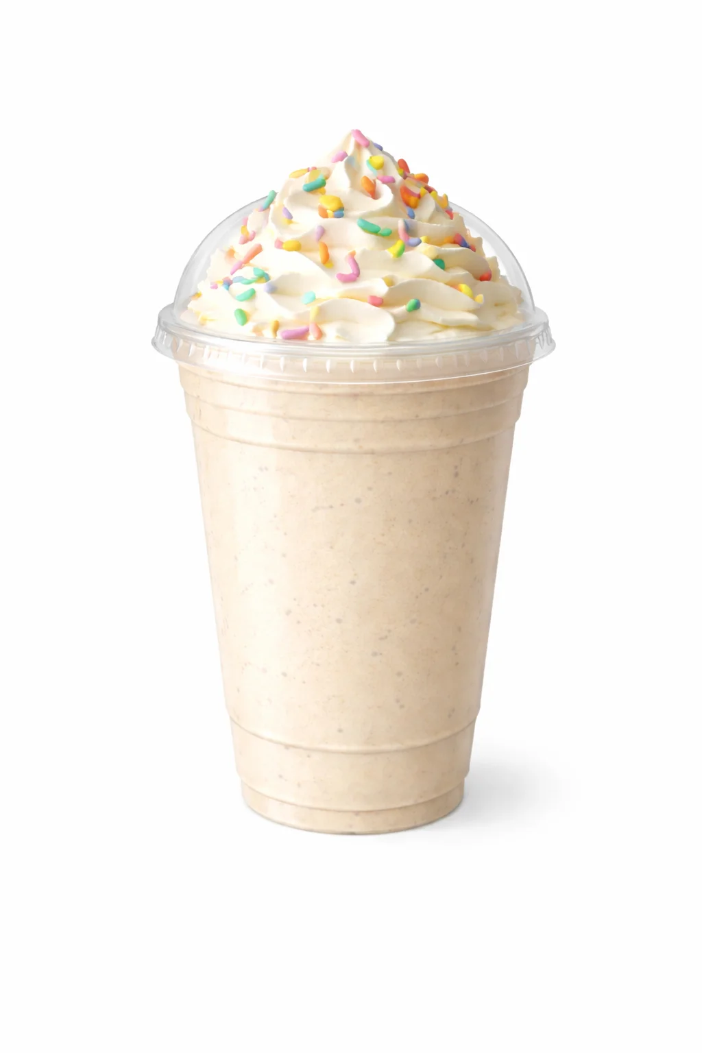 A milkshake topped with whipped cream and colorful sprinkles, served in a clear plastic cup.