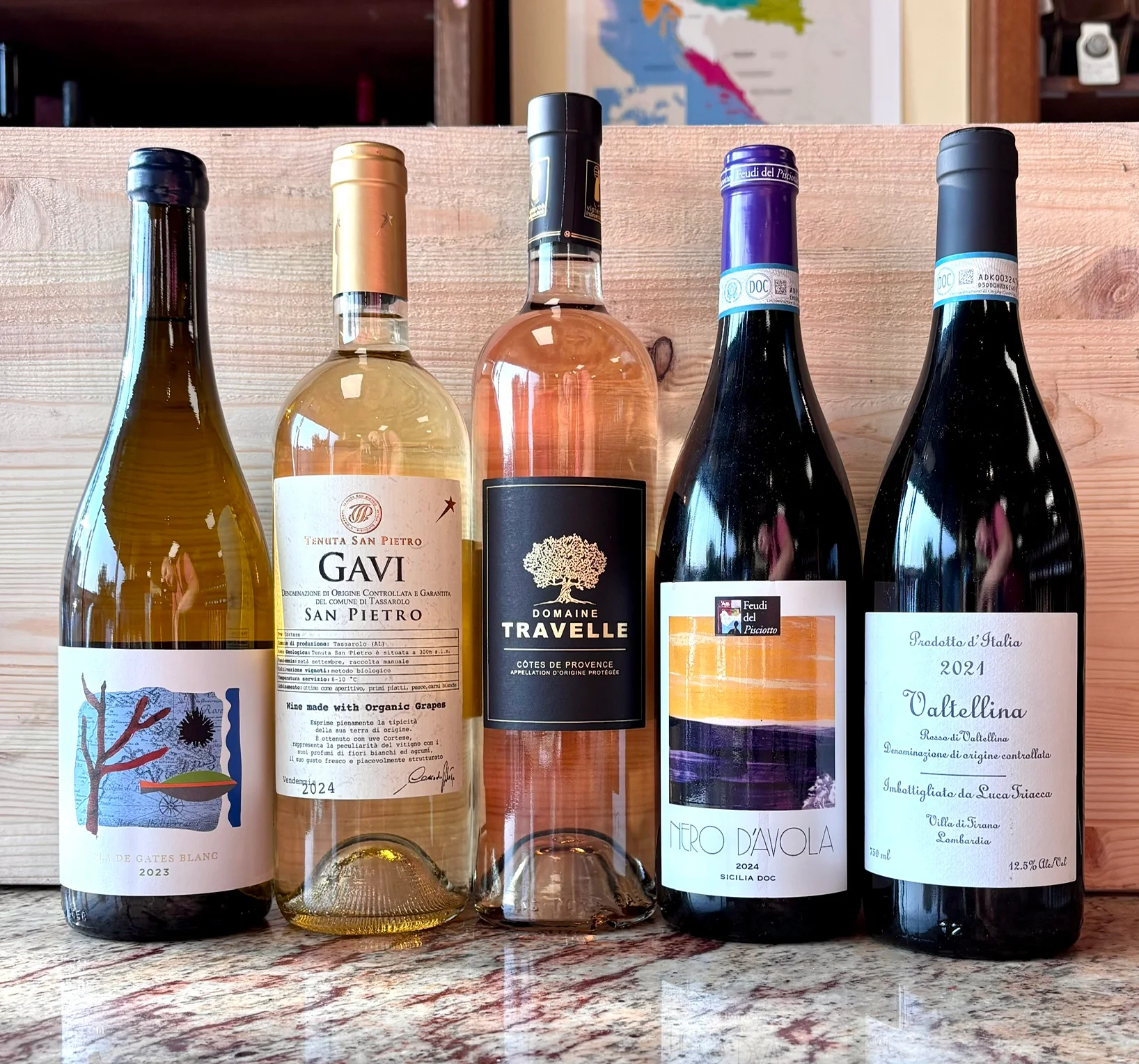 Selection of fine wines including Gavi and Nero d'Avola