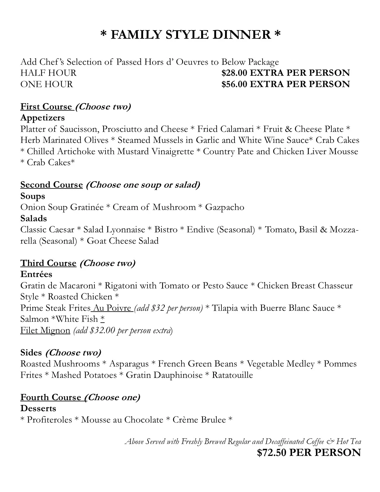 Elegant family-style dinner menu featuring diverse courses and gourmet options