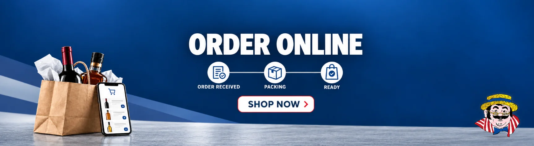 Online ordering banner with grocery bag, bottles, smartphone, and shopping button