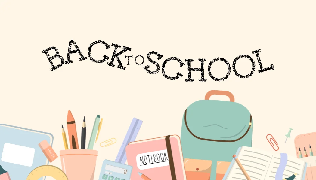 Colorful back-to-school supplies with a backpack and stationery items