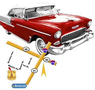 Classic 1955 red Chevrolet Bel Air with a map and restaurant logo