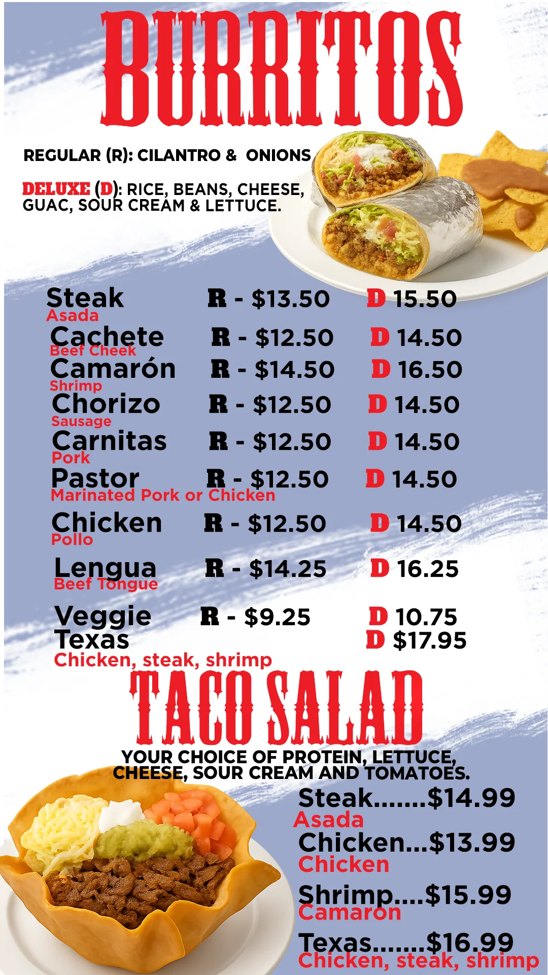 Variety of burritos and taco salad in a vibrant Mexican restaurant setting
