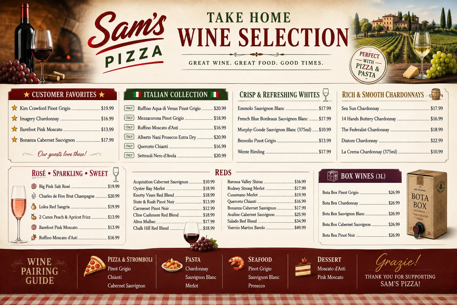 Wine selection menu at an Italian pizzeria