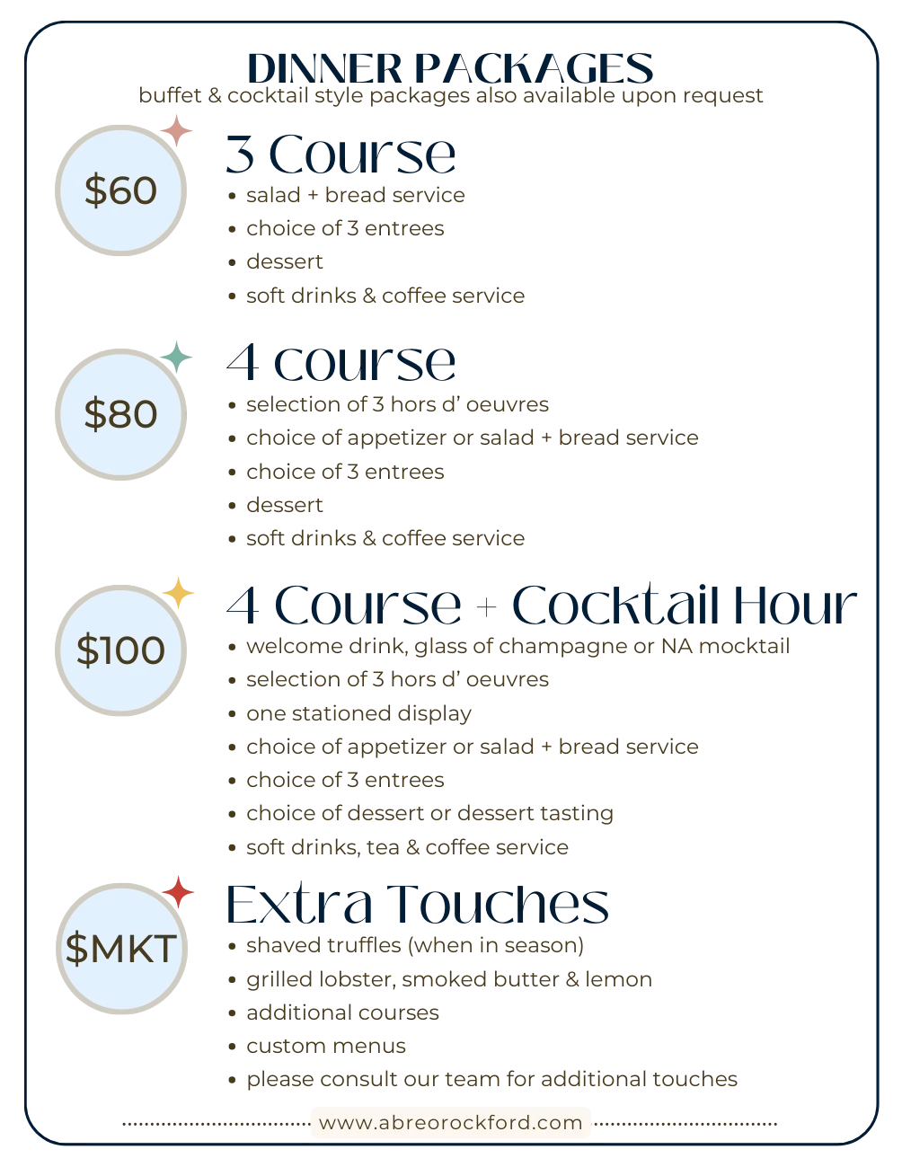 Elegant dinner package menu with multi-course options