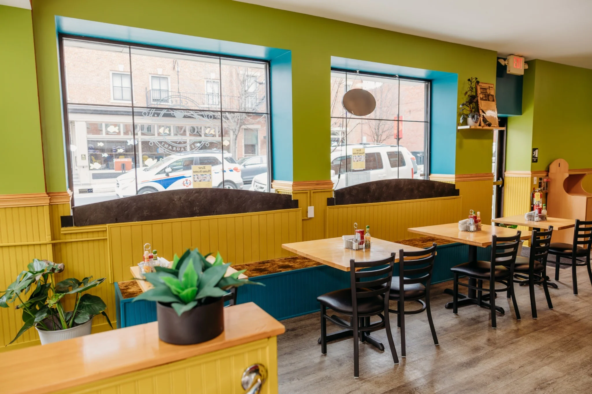 Cozy restaurant interior with colorful decor and natural light