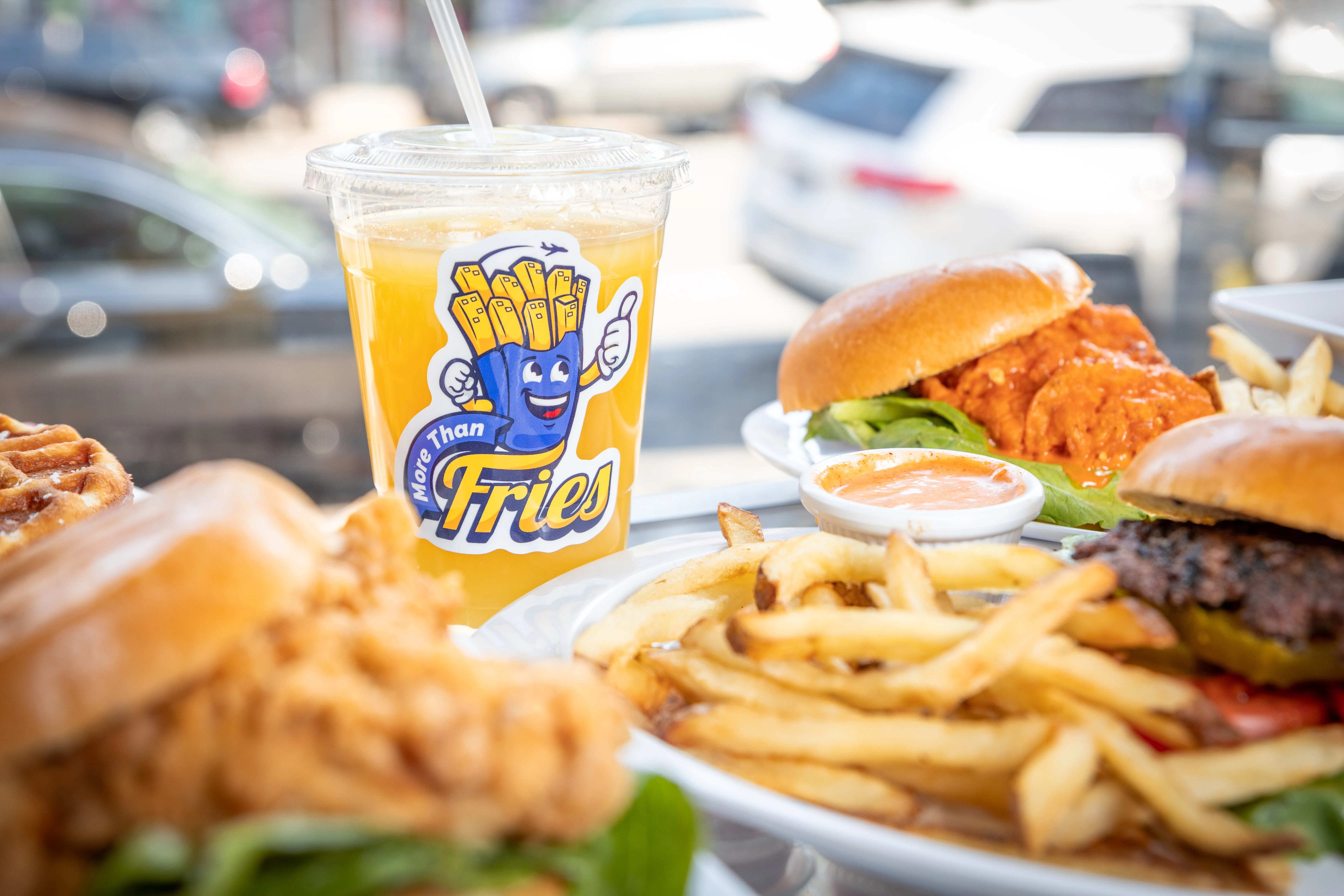 Delicious American burgers with fries and a refreshing drink