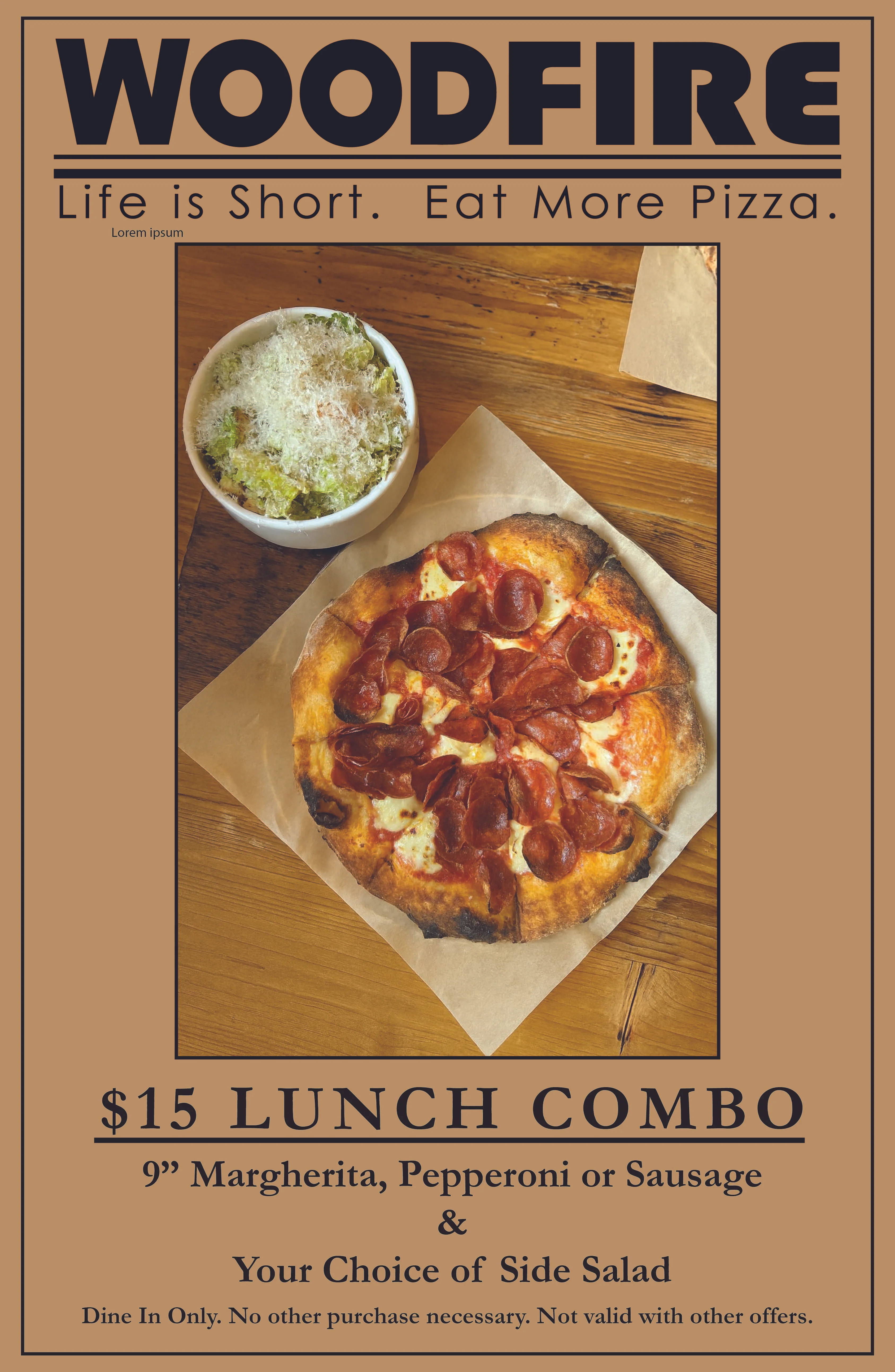 9-inch pepperoni pizza with side salad in a cozy restaurant setting