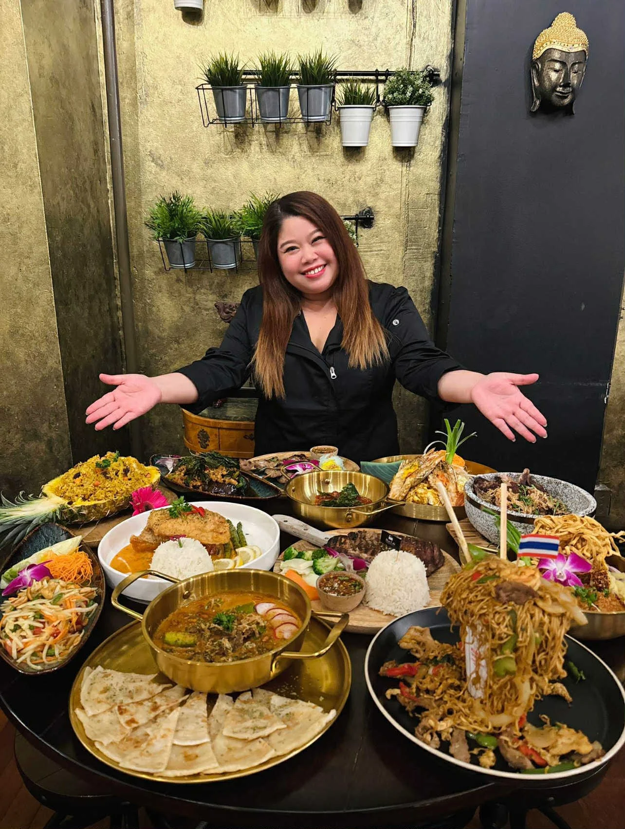 Diverse Asian cuisine spread with vibrant dishes and garnishes