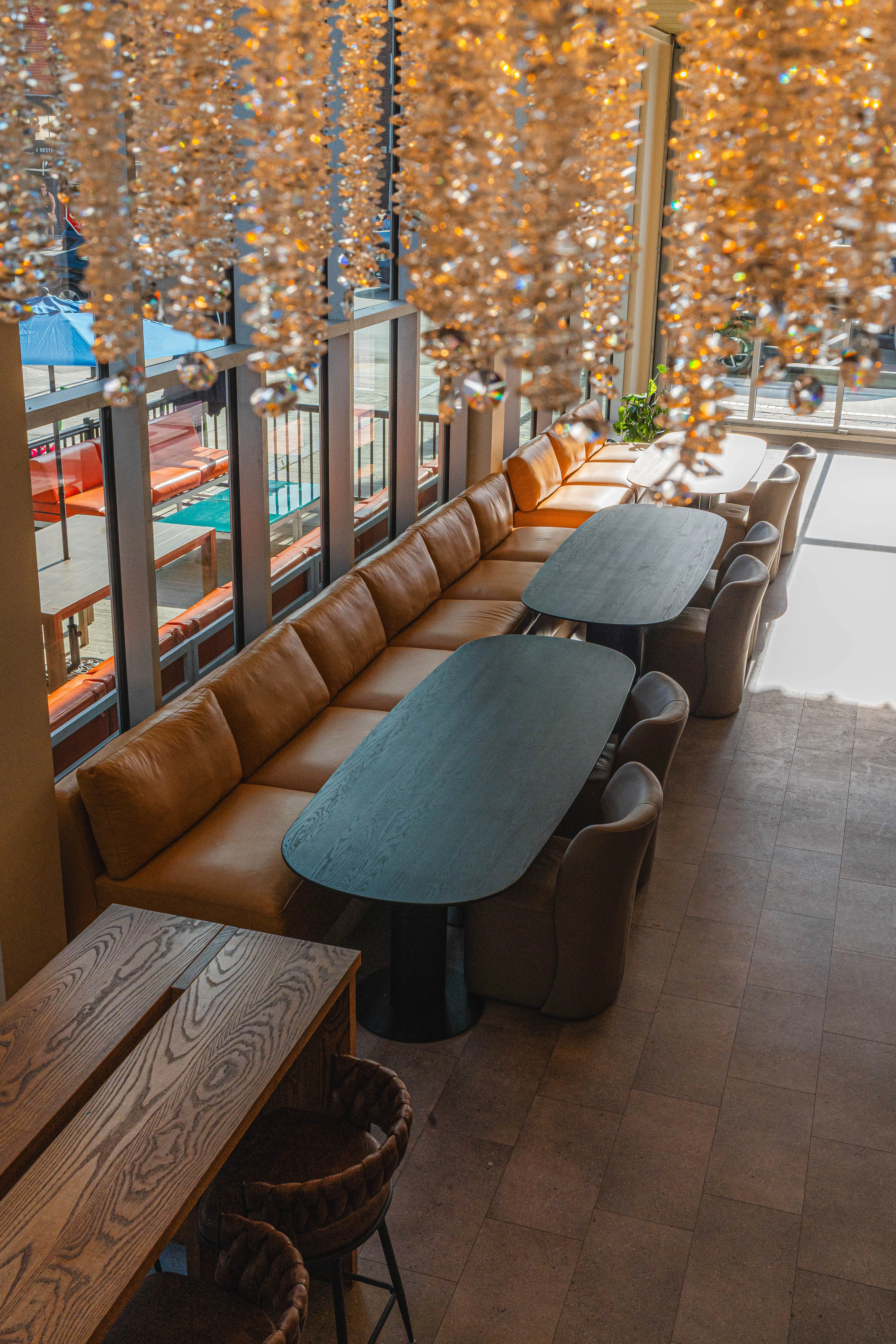 Stylish restaurant interior with modern seating and elegant lighting