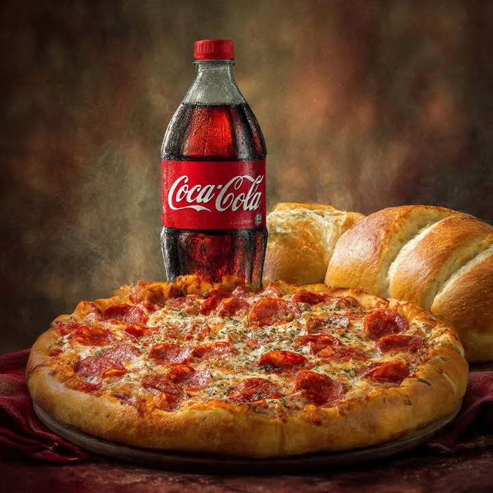 A pepperoni pizza served with a bottle of Coca-Cola and fresh bread rolls on a textured surface.