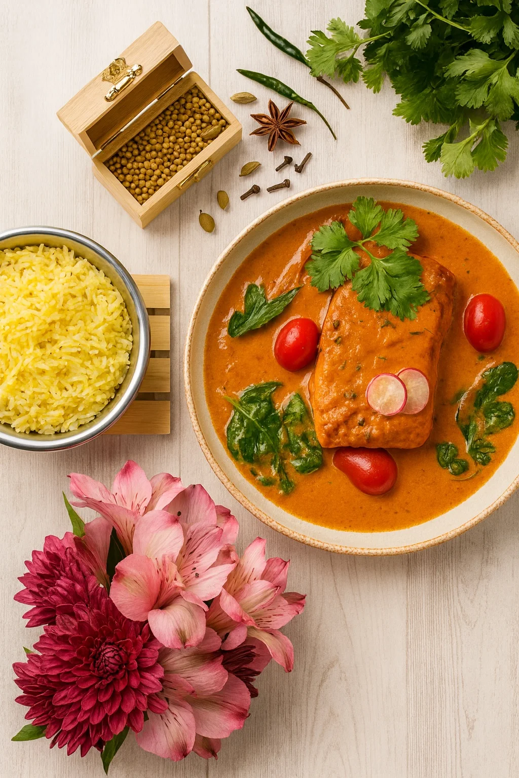 Creamy Indian butter chicken with basmati rice