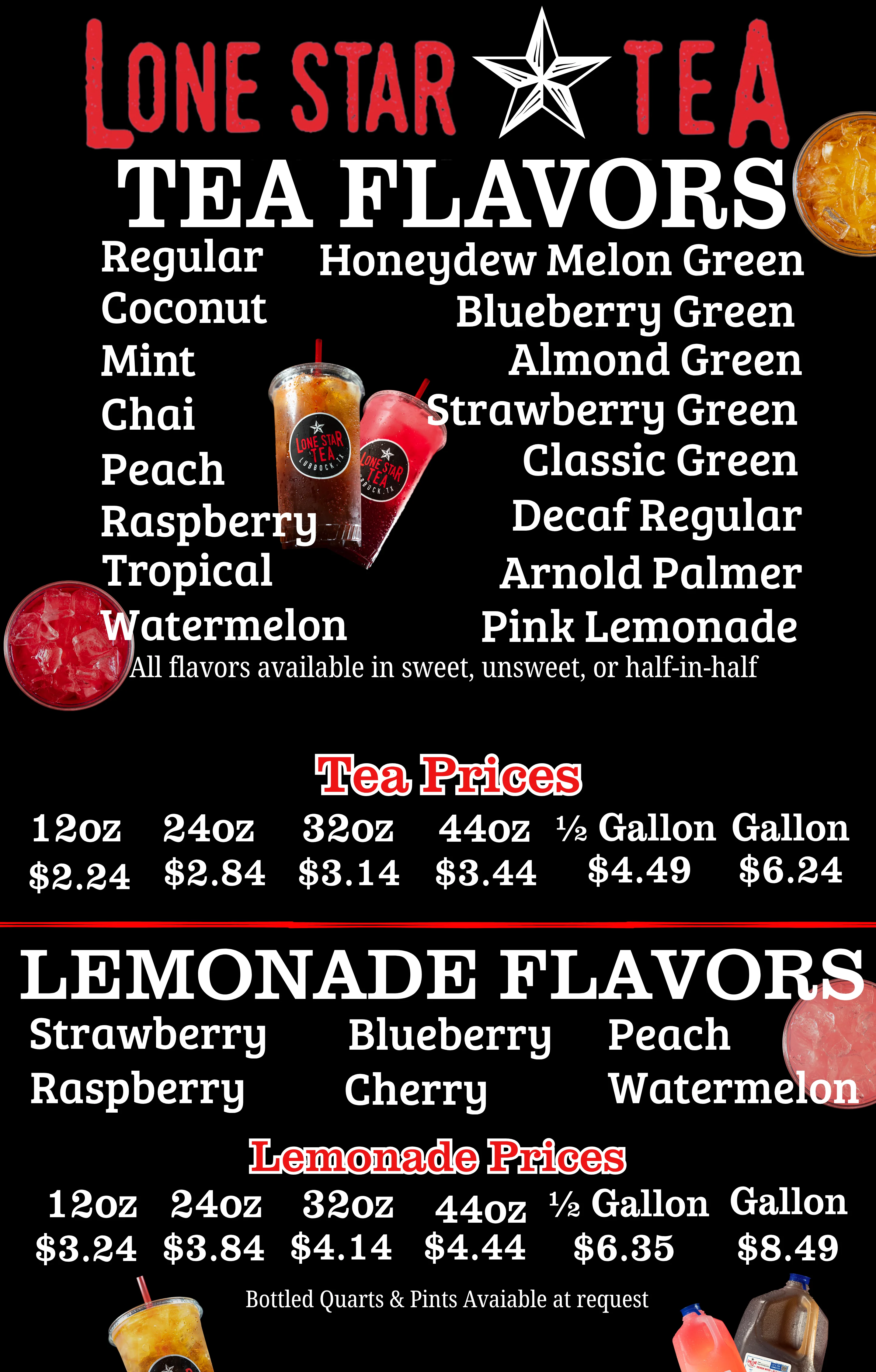 Variety of flavored teas and lemonades on a menu board