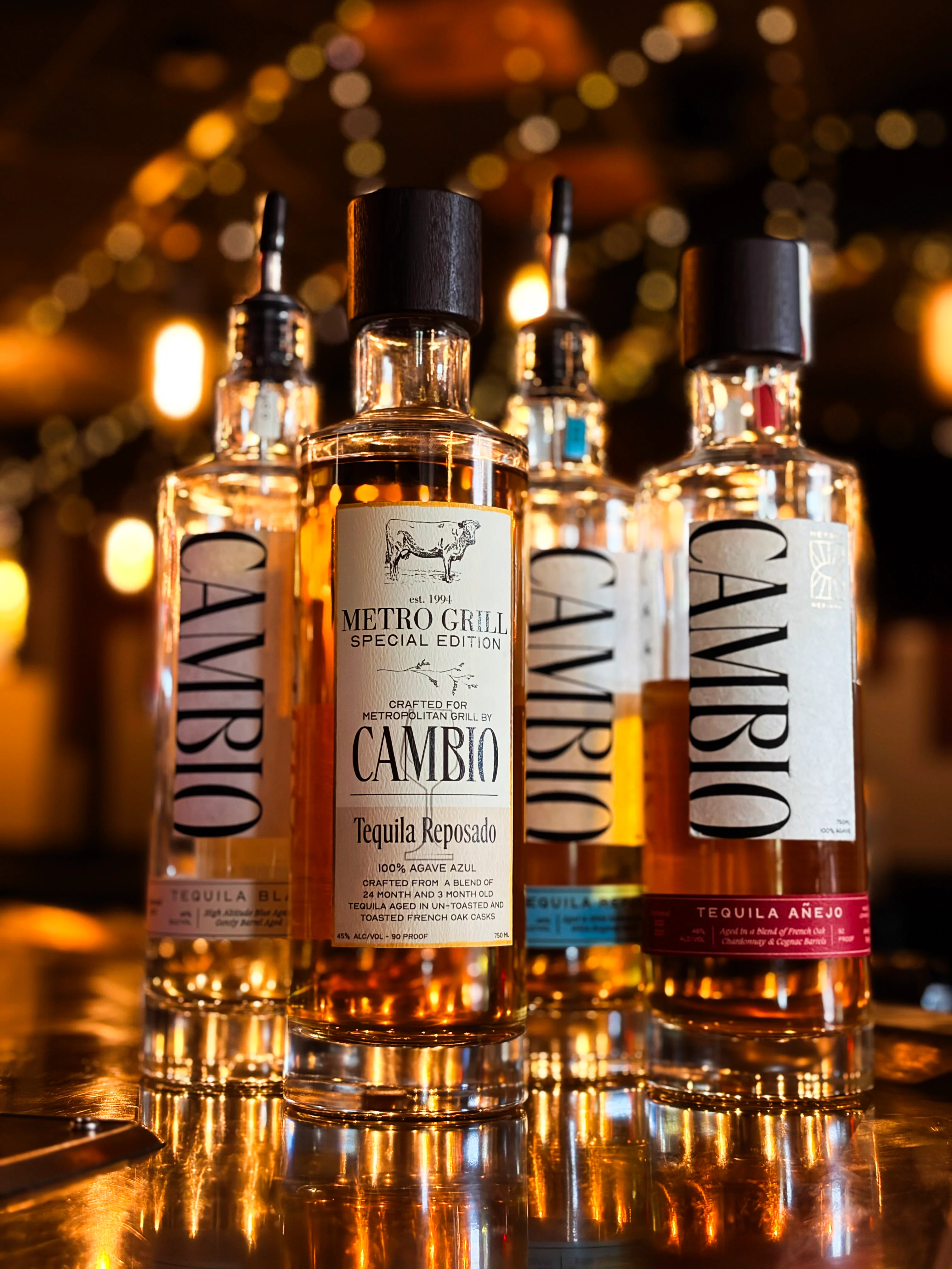 Selection of premium tequilas on a bar counter
