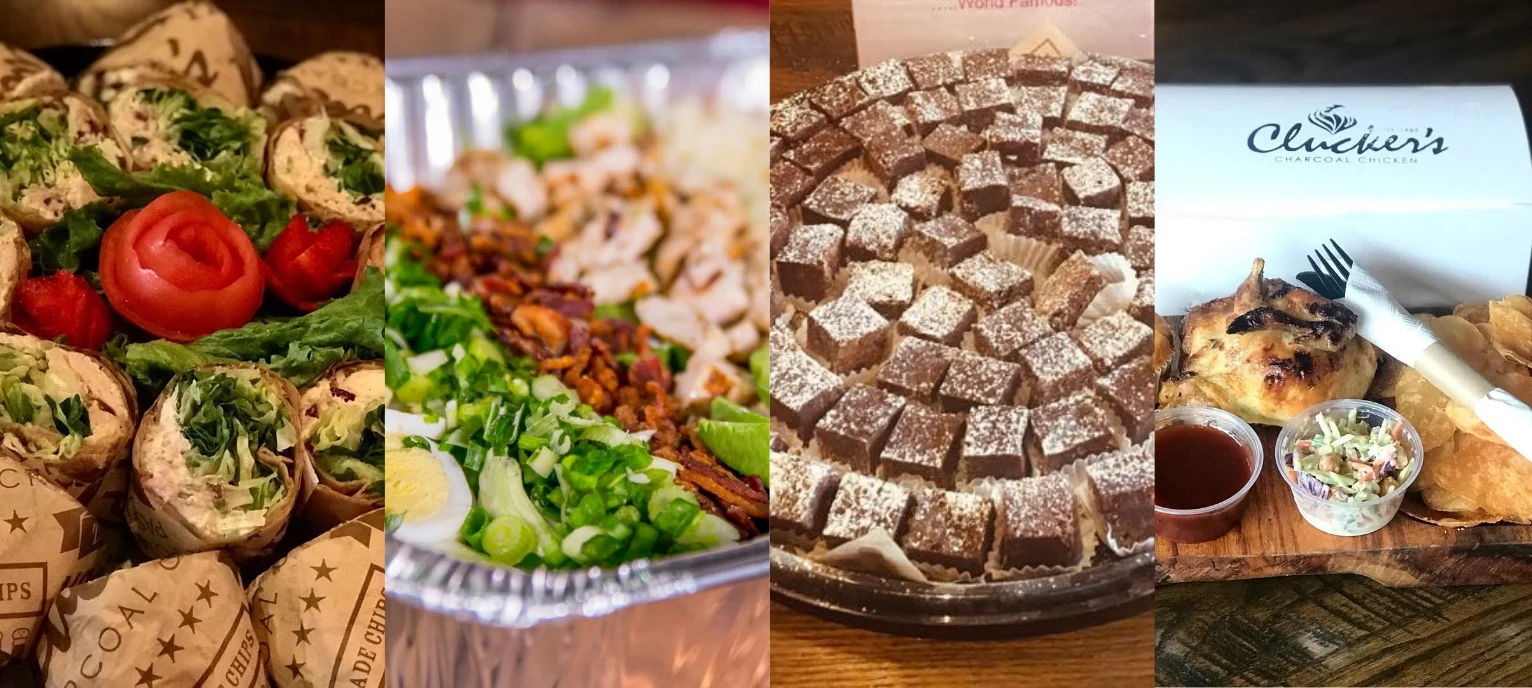 Assorted wraps and grilled chicken salad platter with desserts