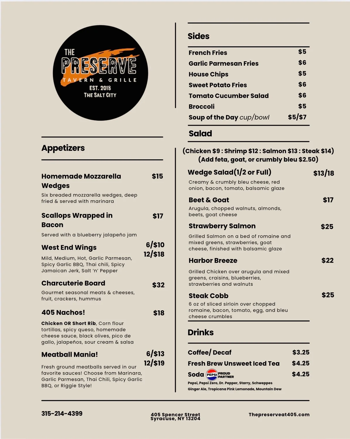 Menu of a tavern featuring appetizers and salads