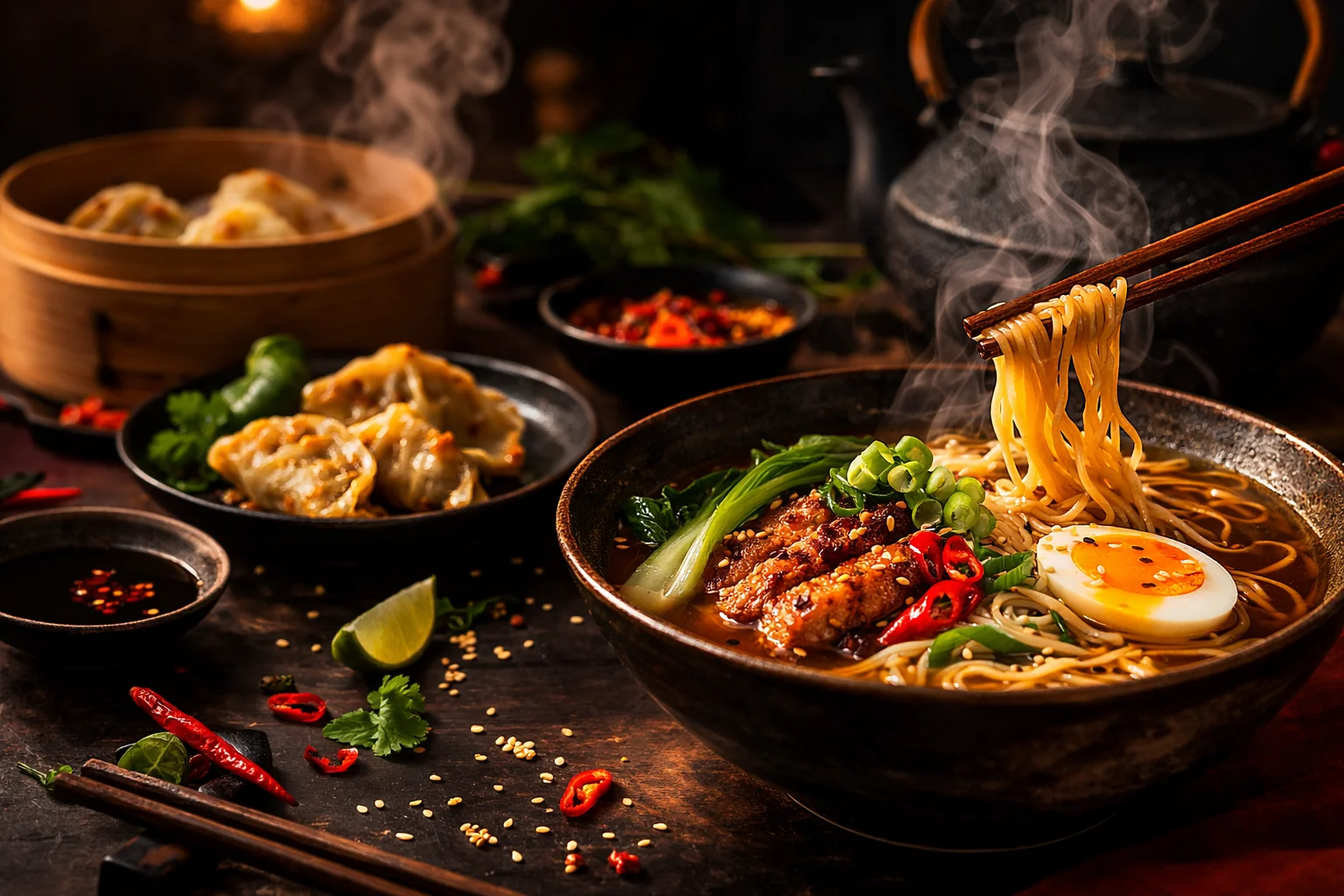 Bowl of Japanese ramen with pork, egg, and vegetables
