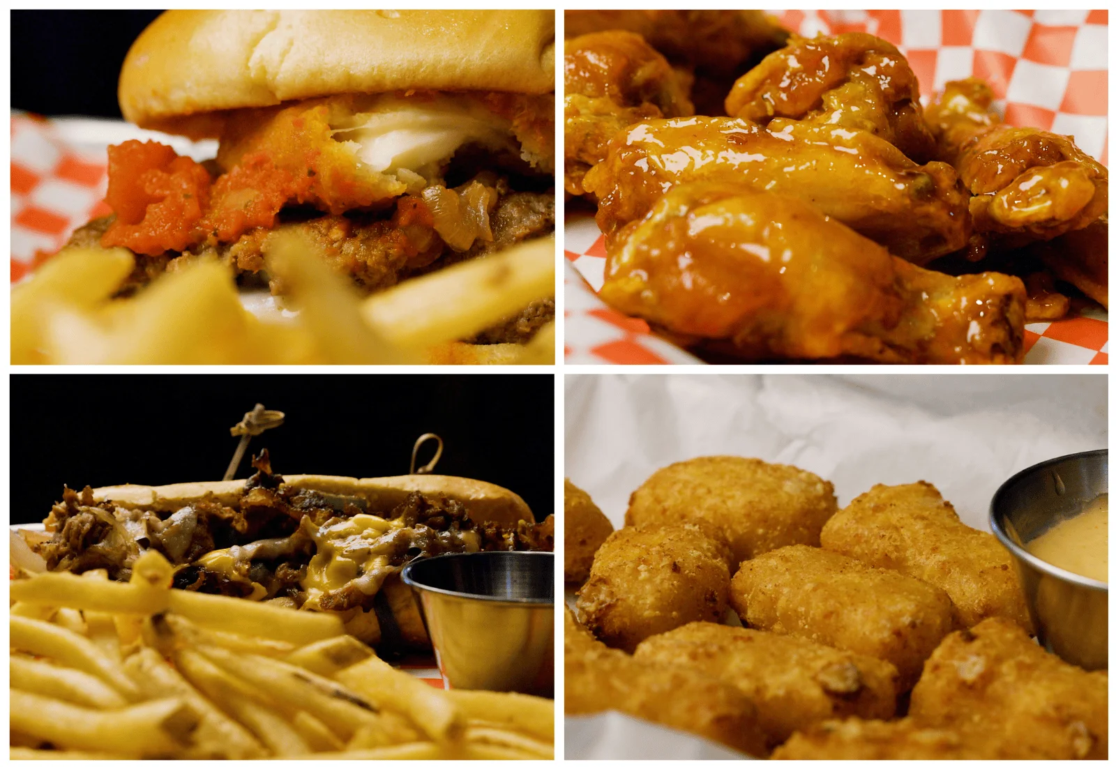 American comfort food platter with wings, fries, and a cheesesteak sandwich