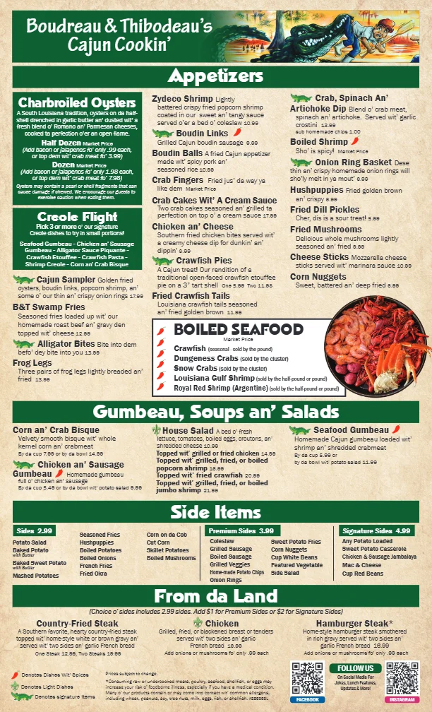 Menu for Boudreau & Thibodeau's Cajun Cookin' featuring appetizers and seafood.