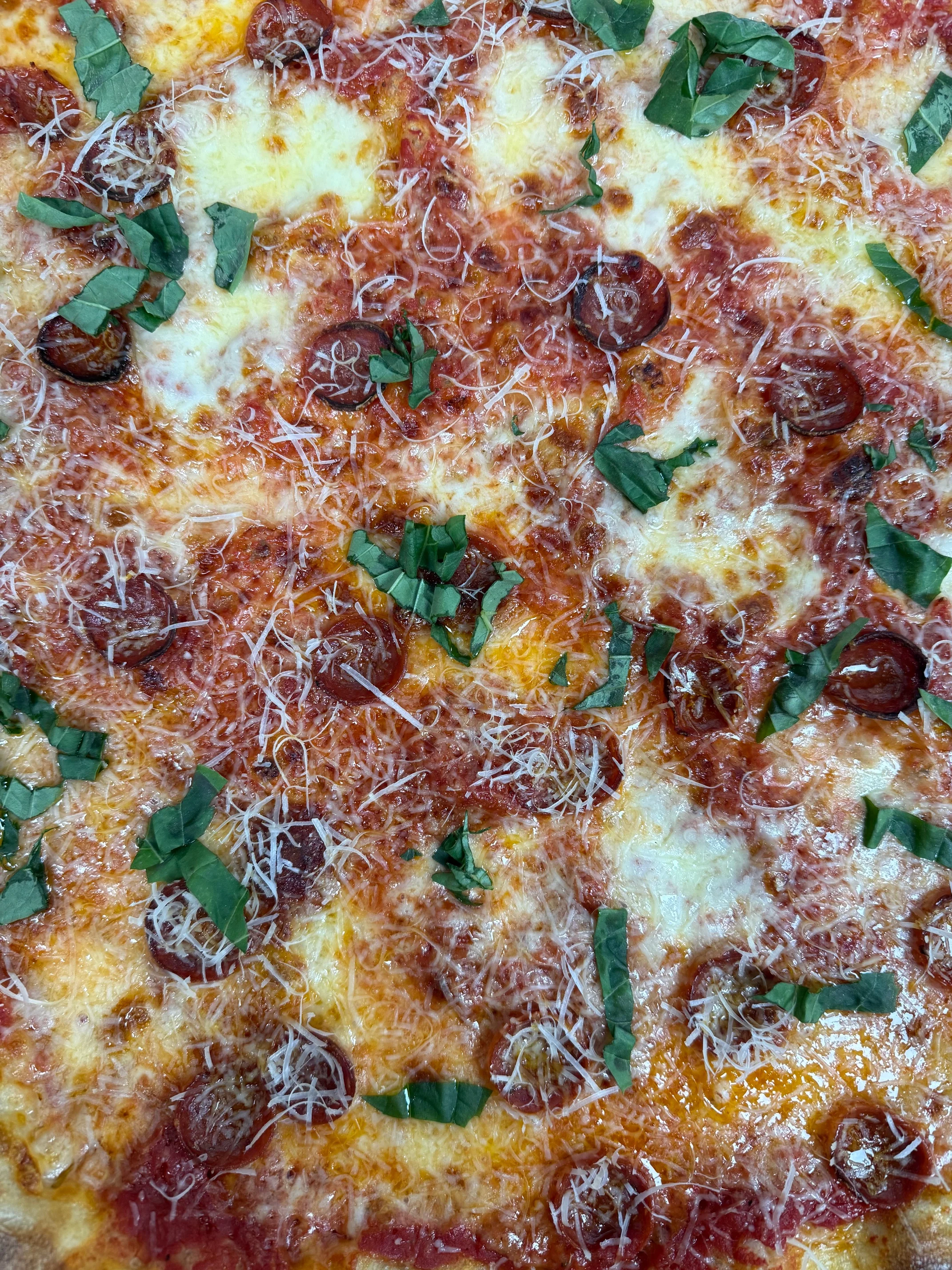 Margherita pizza topped with fresh basil and cheese