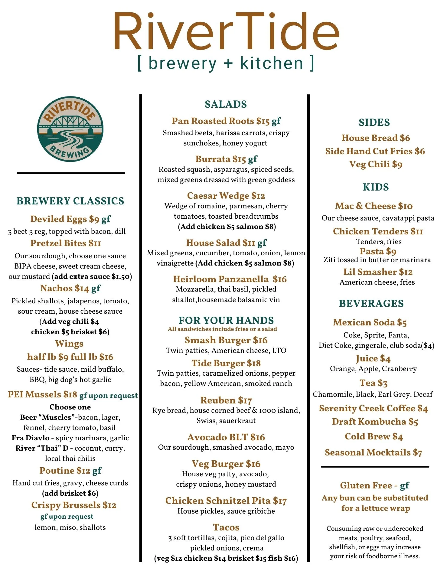 Menu of RiverTide brewery featuring diverse dishes and beverages