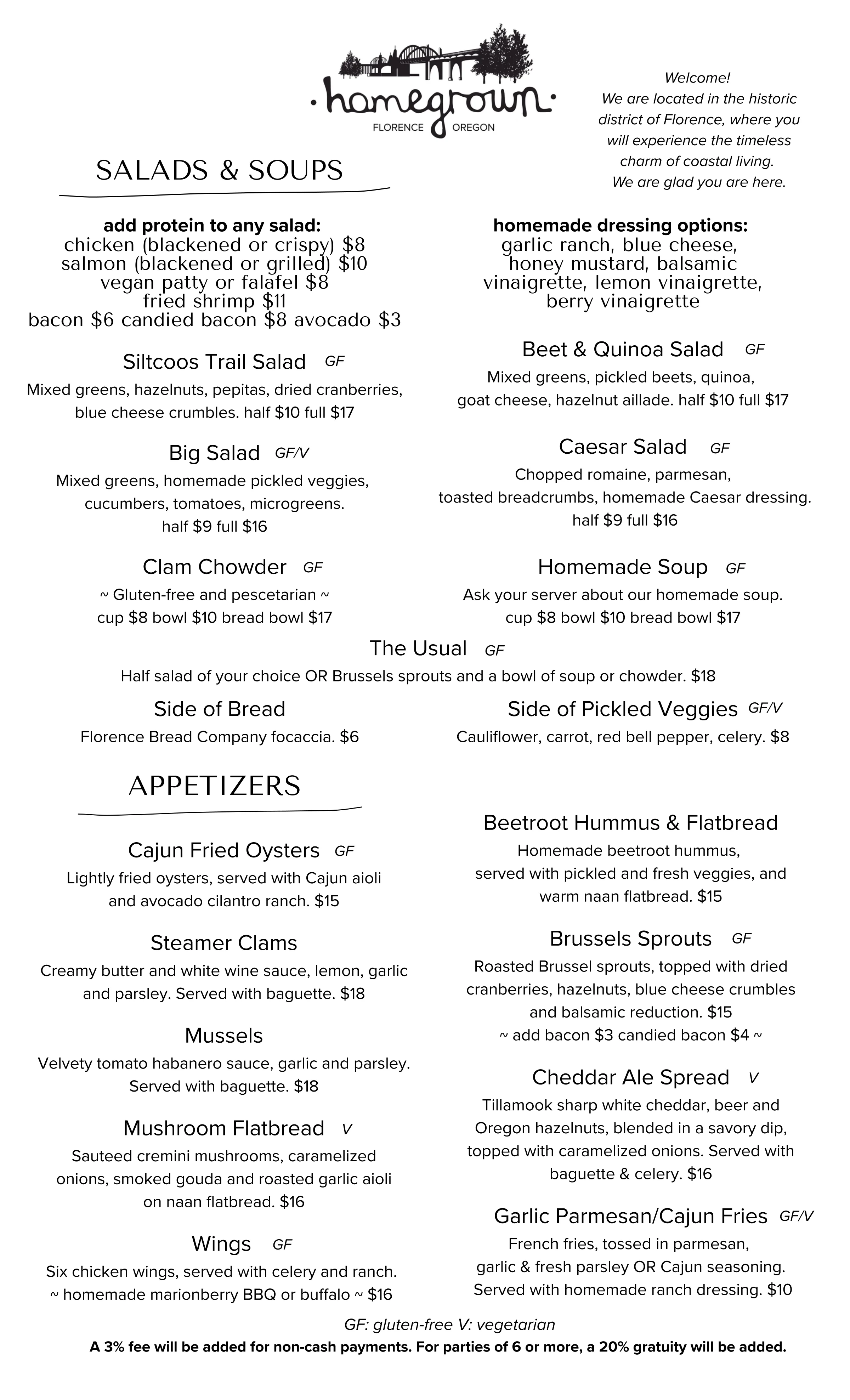 Menu featuring fresh salads and appetizers from a coastal restaurant