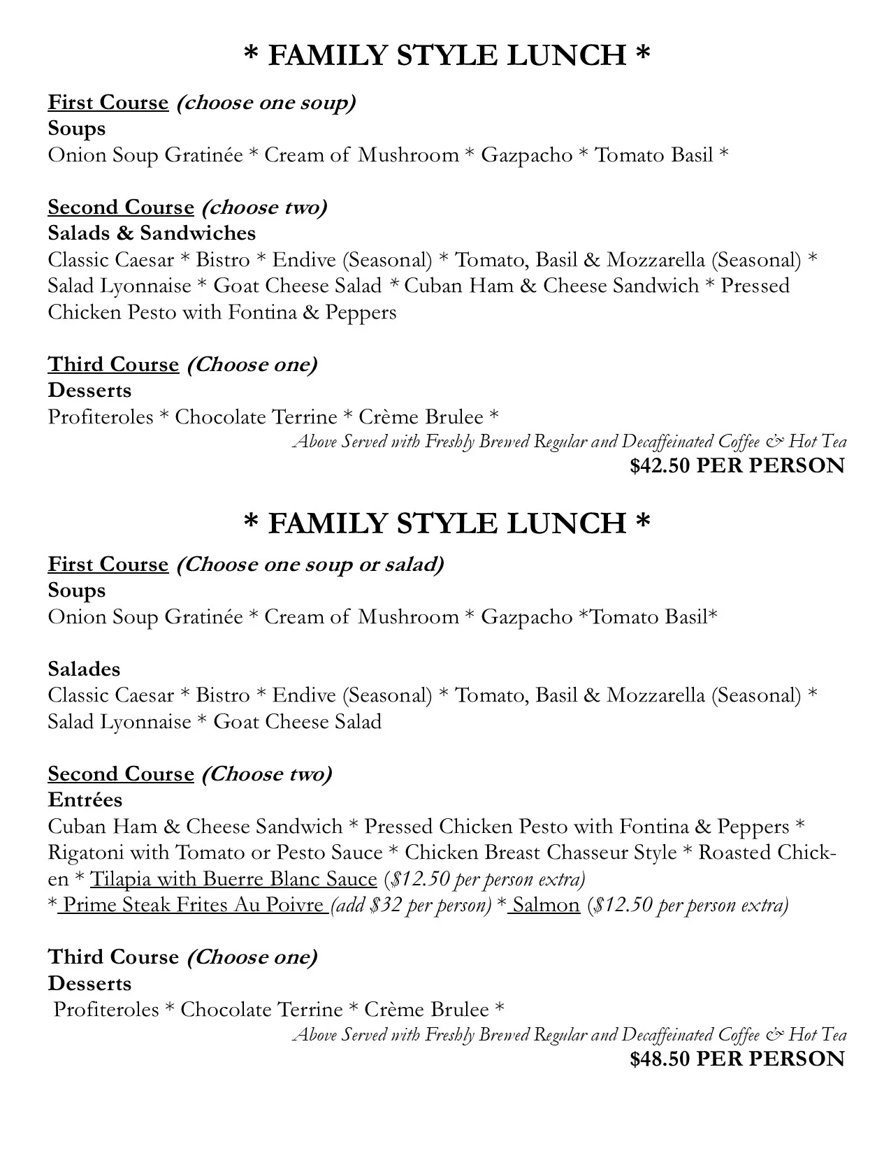 Family style lunch menu featuring soups, salads, and desserts