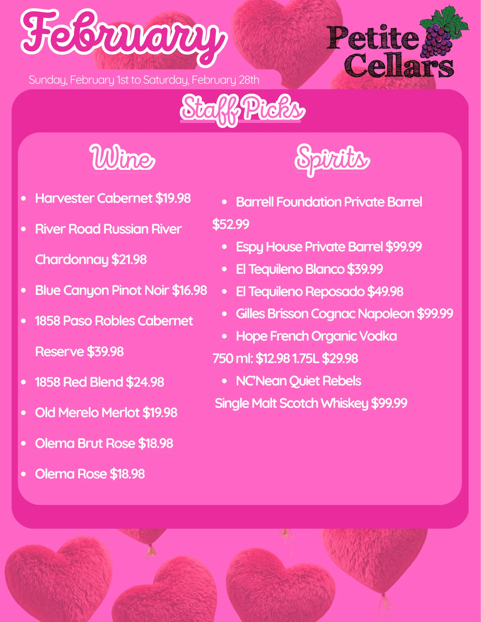 February wine and spirits staff picks menu at Petite Cellars