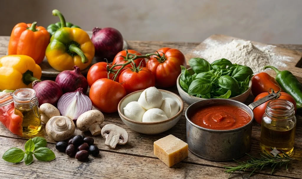 Ingredients for classic Margherita pizza preparation