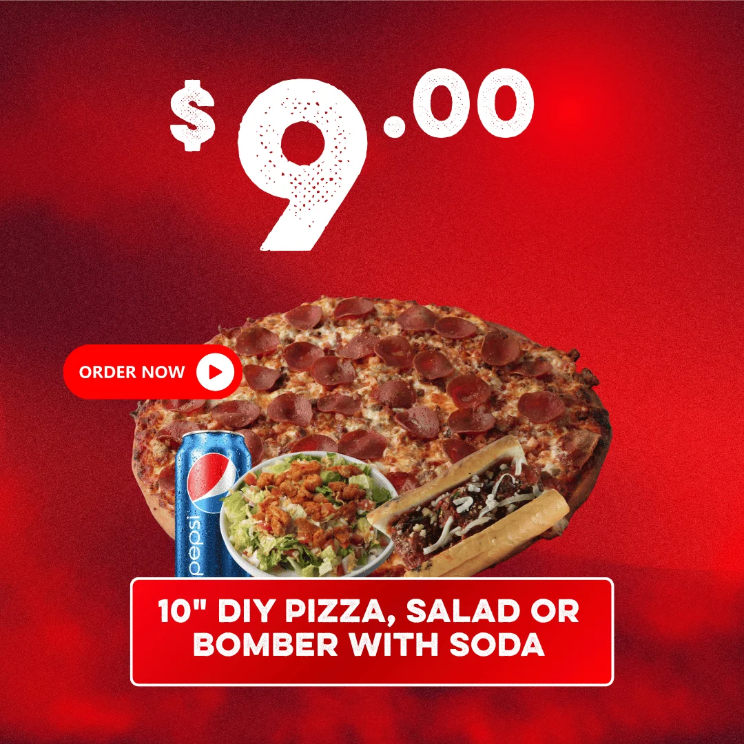 10-inch DIY pepperoni pizza with salad and bomber sandwich