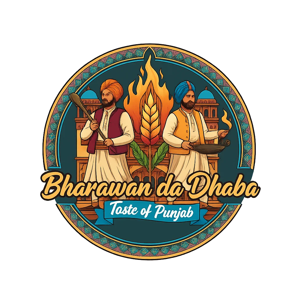 A colorful logo featuring two traditional figures in Punjabi attire, with a backdrop of flames and wheat, symbolizing Punjabi cuisine.