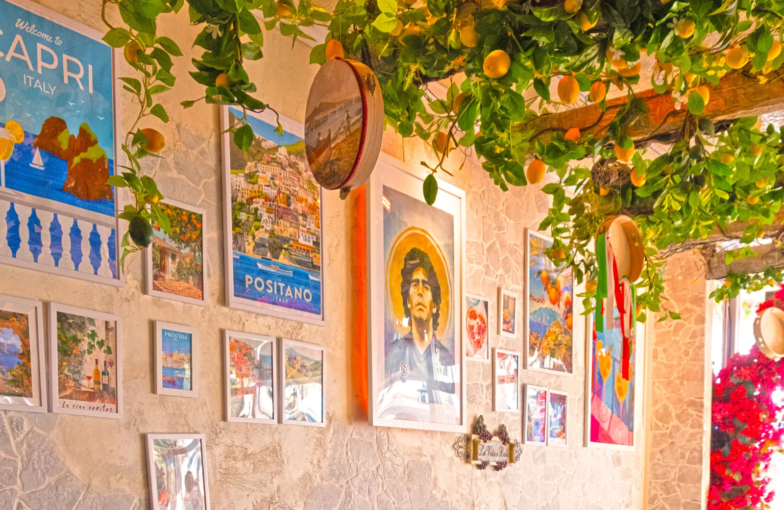 Charming restaurant interior with Italian decor and vibrant artwork