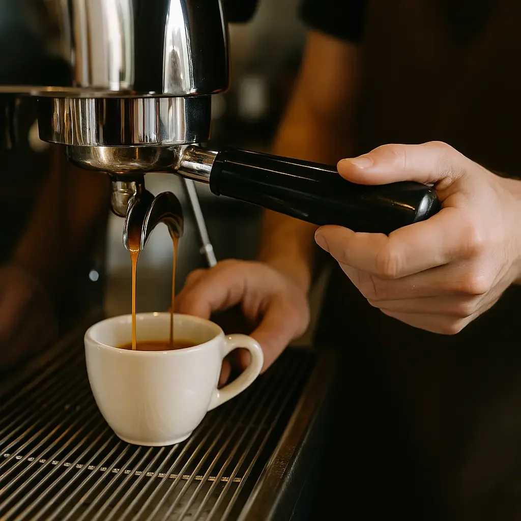 Barista pouring espresso into a white cup