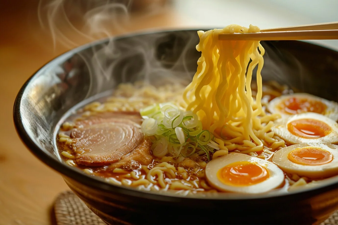 Japanese shoyu ramen with soft-boiled eggs and chashu pork