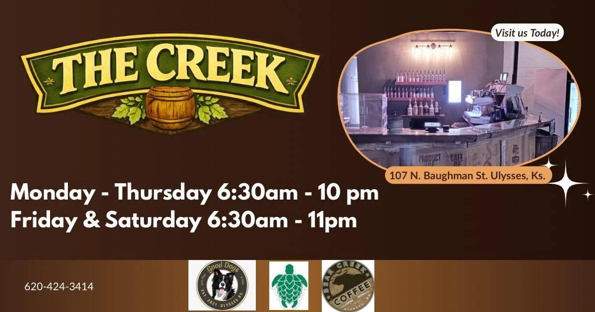 A promotional image for 'The Creek' coffee shop featuring its opening hours and an image of the coffee bar.