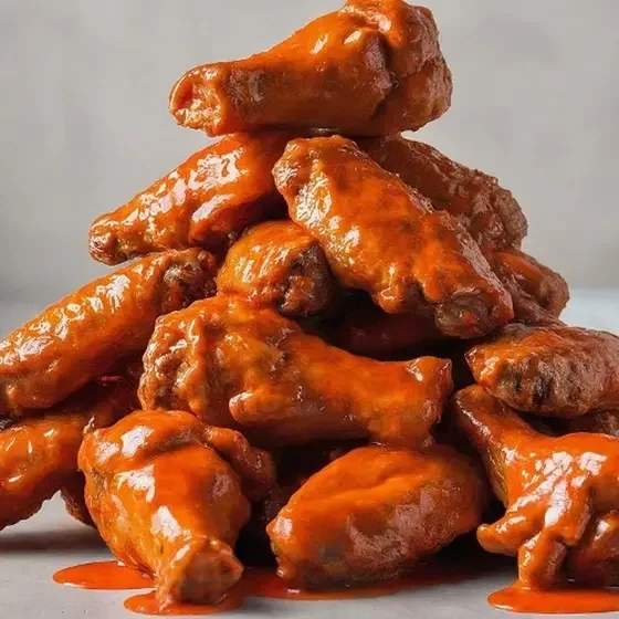 Spicy buffalo chicken wings stacked high