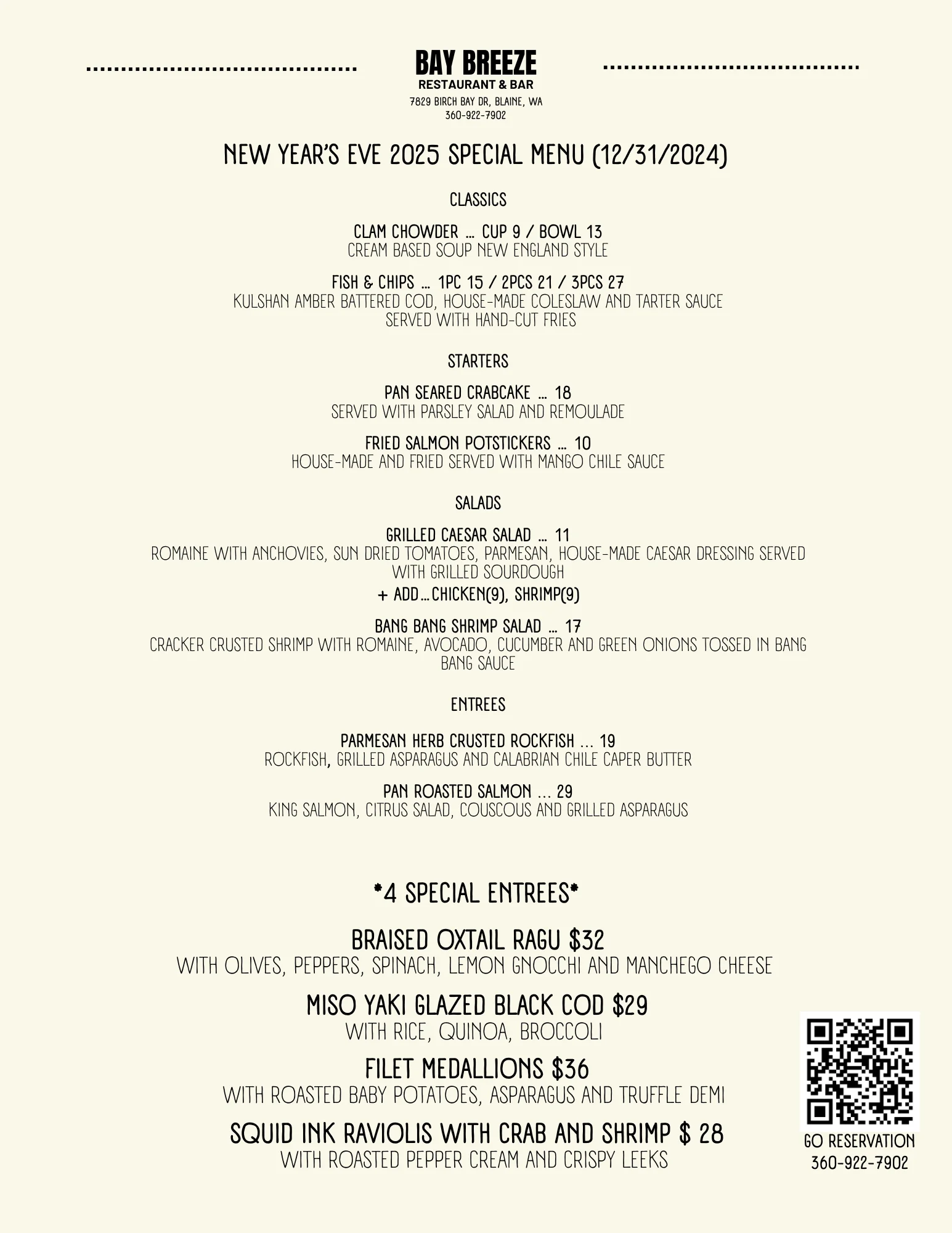 New Year's Eve menu featuring seafood and gourmet entrees