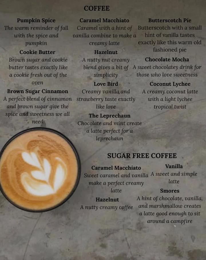 A coffee menu featuring various drink options, both regular and sugar-free, with creative names and descriptions.