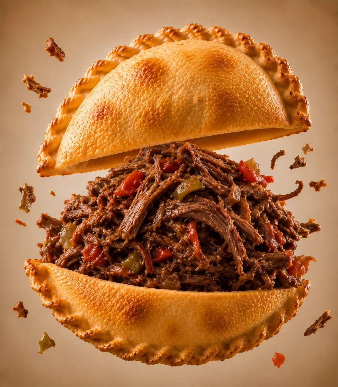 A pastry filled with shredded meat, tomatoes, and green peppers, with bits of meat scattered around.