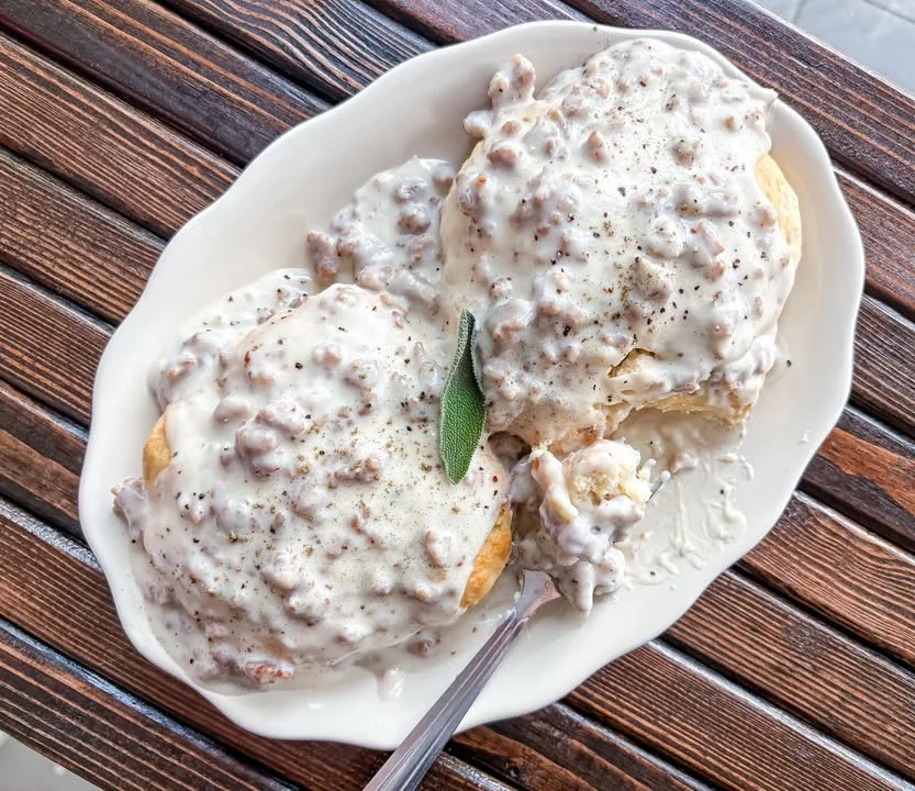 Southern biscuits and gravy served on a plate
