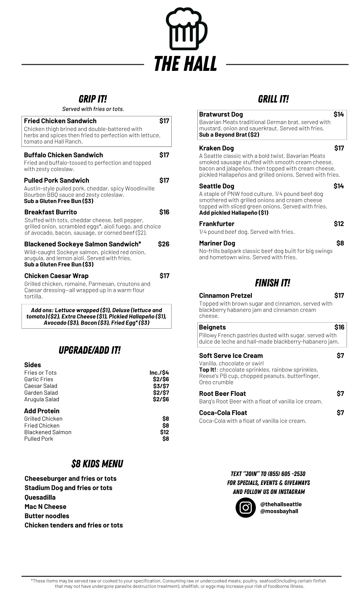 Menu featuring diverse American comfort food options