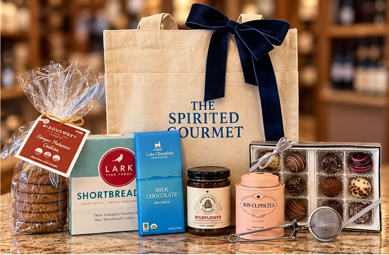 Gourmet food gift basket with chocolates, shortbread, tea, and preserves