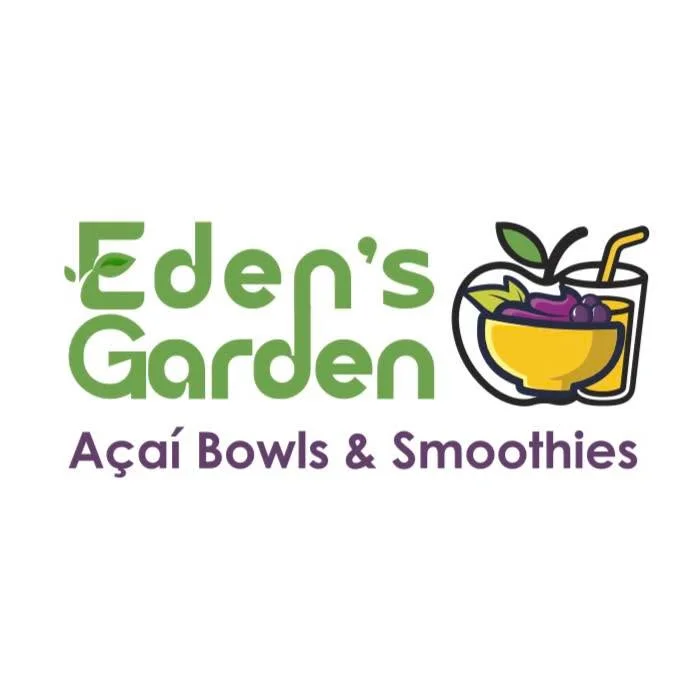 A logo featuring a bowl of fruit and a smoothie, with the text 'Eden's Garden Açaí Bowls & Smoothies'.
